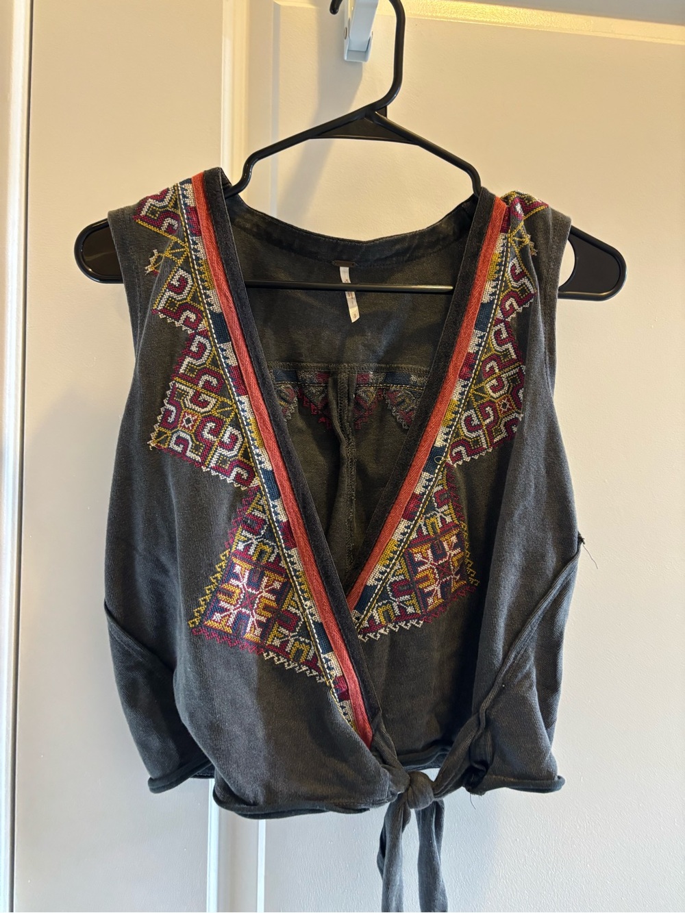We The Free Charcoal Embroidered Tie-Front Tank with Red & Purple Accents